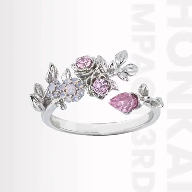Bague ajustable ouverte Anime Honkai Impact 3rd Elysia Oath Ring, Zircon Rose, Motif Feuille Florale