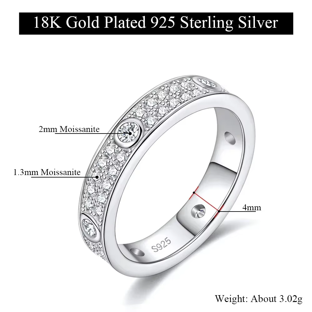 Bague de Mariage en Argent Sterling 2025 pour Femme, Bijou de Luxe, en Or Blanc 18K Plaqué, 2.0mm, 9