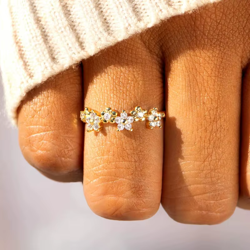 Huretailers-Bague en or brillant avec fleur délicate pour femme, document brillant pour femme, bijou