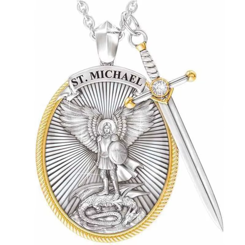 Collier pendentif Viking en acier, motif catholique de saint Michael, bijoux, épée divine, Protectio