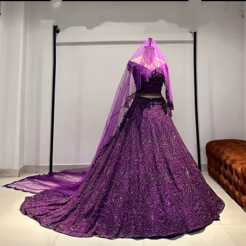Robe de mariée traditionnelle de luxe violet raisin, ensemble de robe de mariée algérienne perlée, r