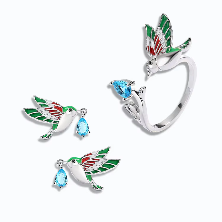 Ensemble de bijoux en émail faits à la main d'oiseau coloré de style pastChev, bague réglable, aigue
