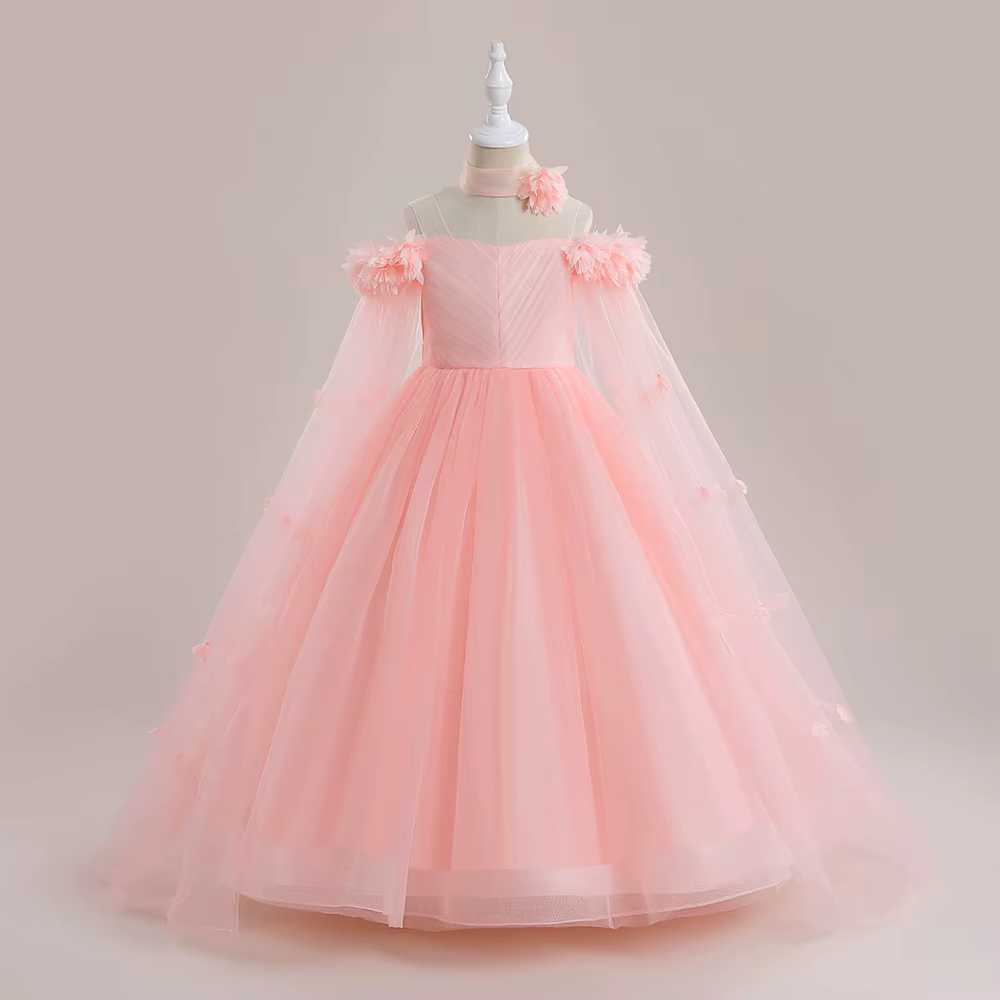 Robe de Demoiselle d'Honneur Rose en Tulle pour Fille, Tenue de Soirée Élégante à Fleurs, Costume de