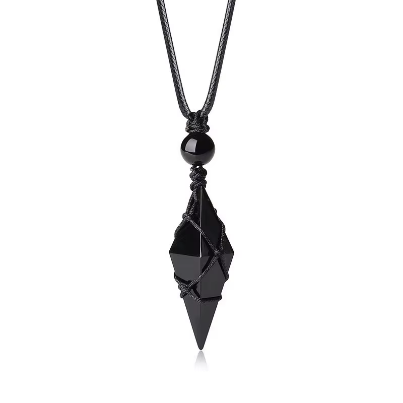 Collier en obsidienne pointue ajustable avec cordon noir, pendentif en pierre naturelle, bijoux de c