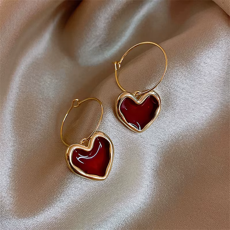 Boucles d'Oreilles en Forme de Cœur en Émail Bordeaux, Bijoux Vintage en Métal localité, pour Femme 