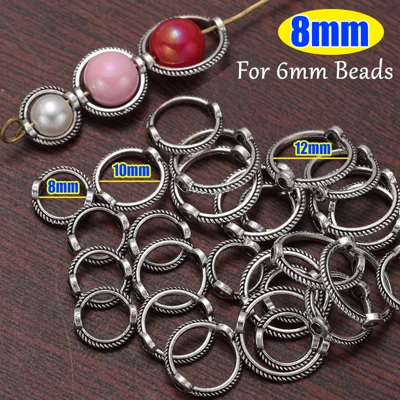 Perles d'Espacement Vintage pour Bijoux, Cadre Rond Enveloppé, Rétro, 6, 8, 10mm, Lot de 10/100 Pièc