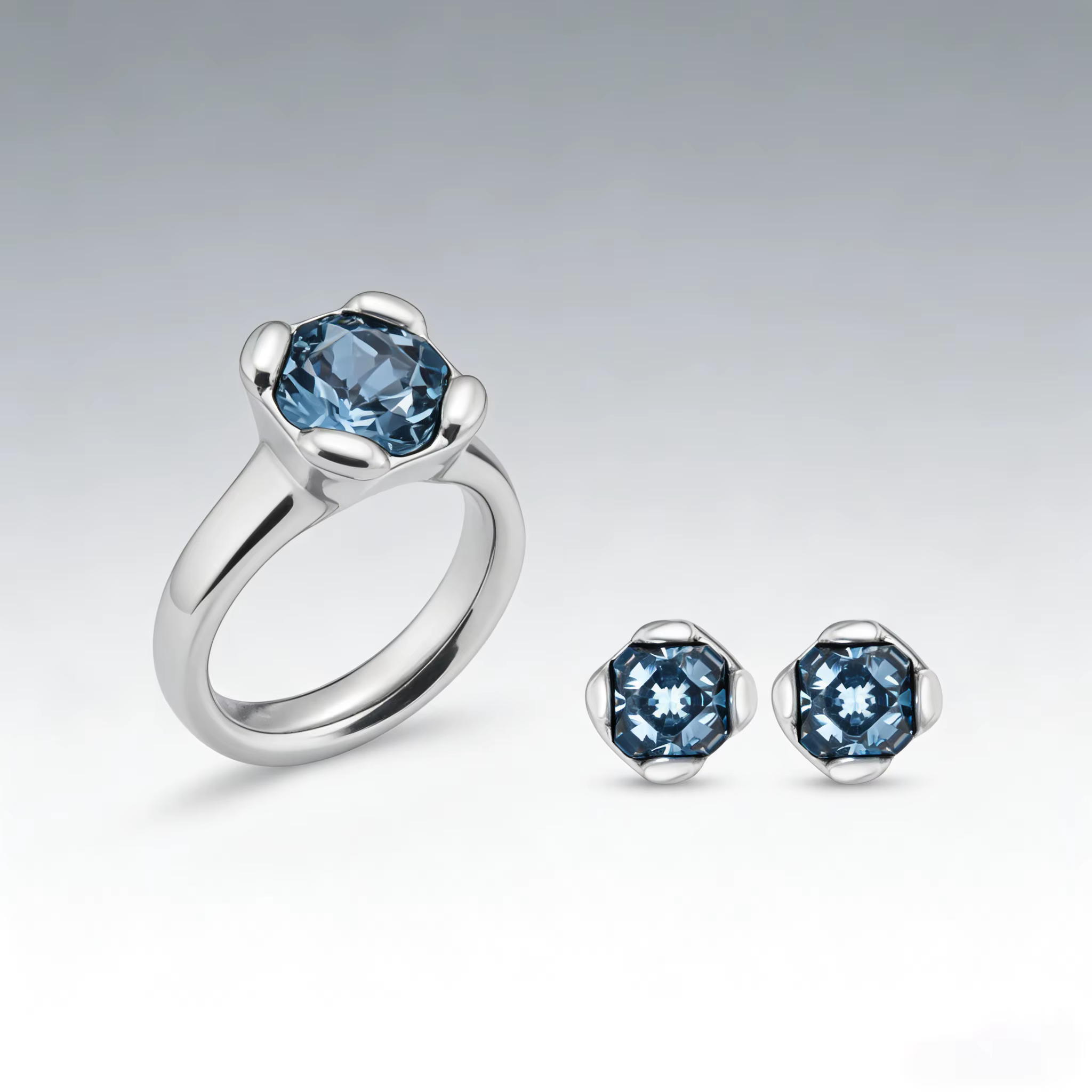 Bijoux en argent de haute qualité très demandés, ensemble bague et boucles d'oreilles avec pierre bl