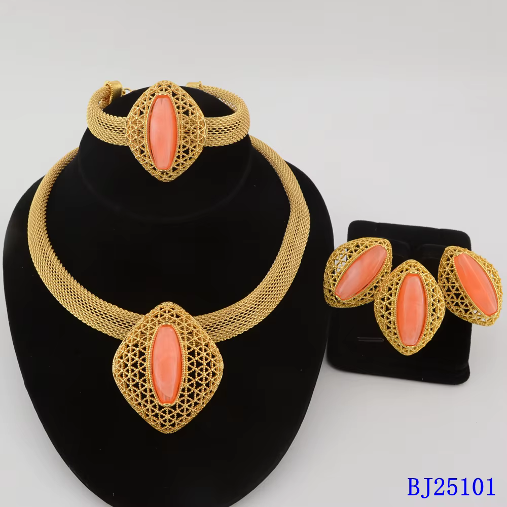 Parure de bijoux africaine en alliage de fer durable, 4 pièces, plaqué or, pour mariée, collier, bou
