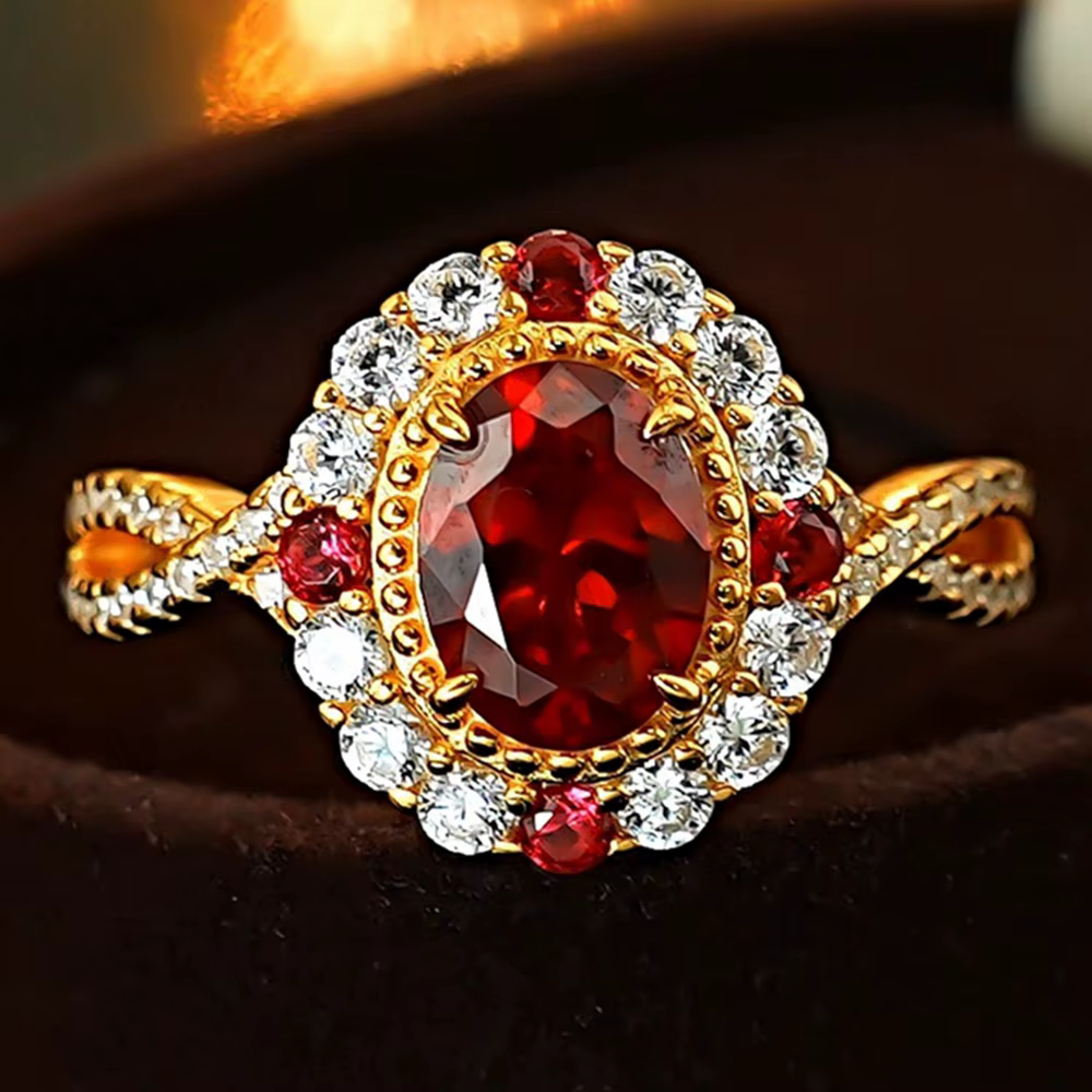 Vinregem 6*8MM taille ovale rubis haute teneur en carbone diamant gemmes bague Vintage pour les femm