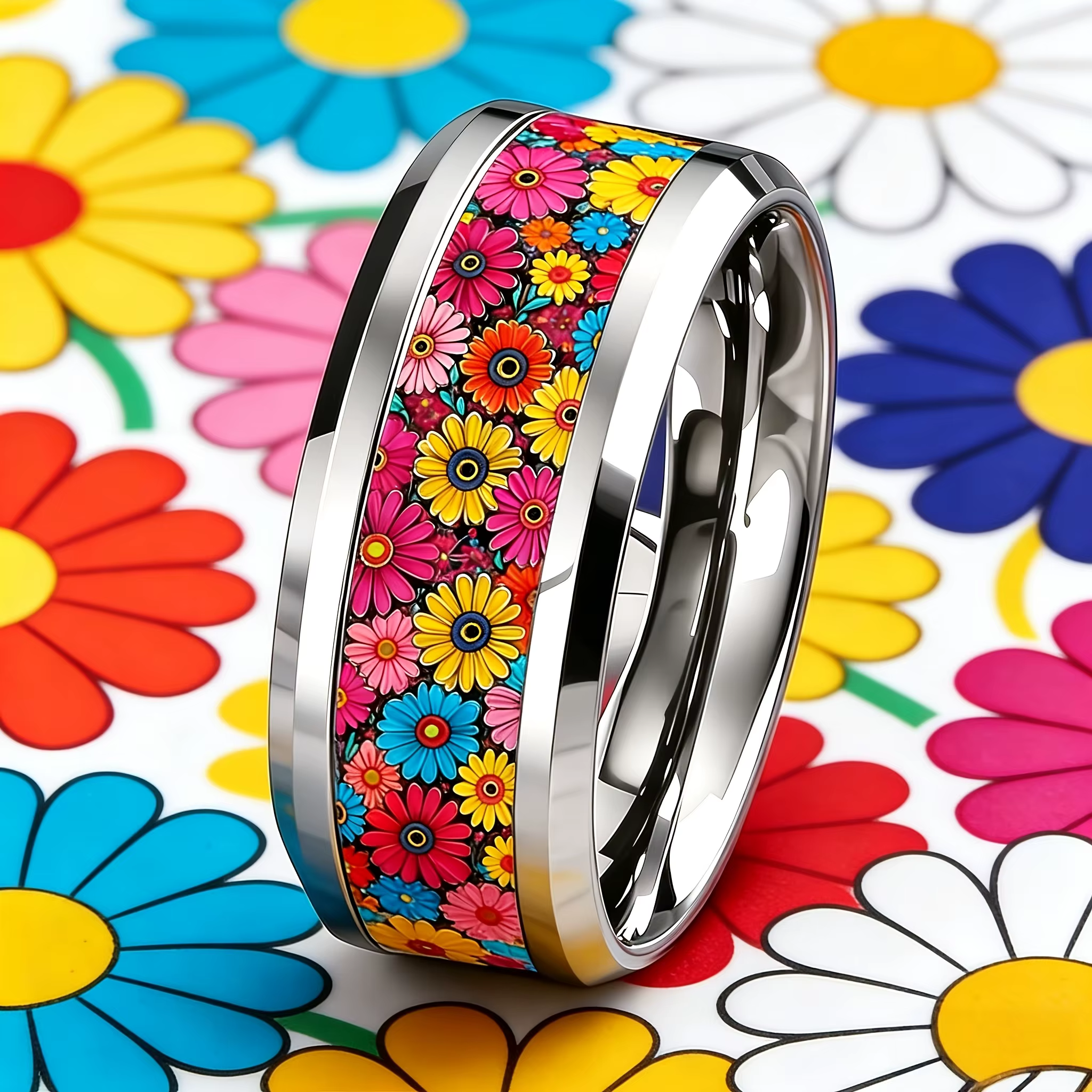 Bague bohème colorée à fleurs de marguerite, anneaux élégants en acier inoxydable pour femmes et hom