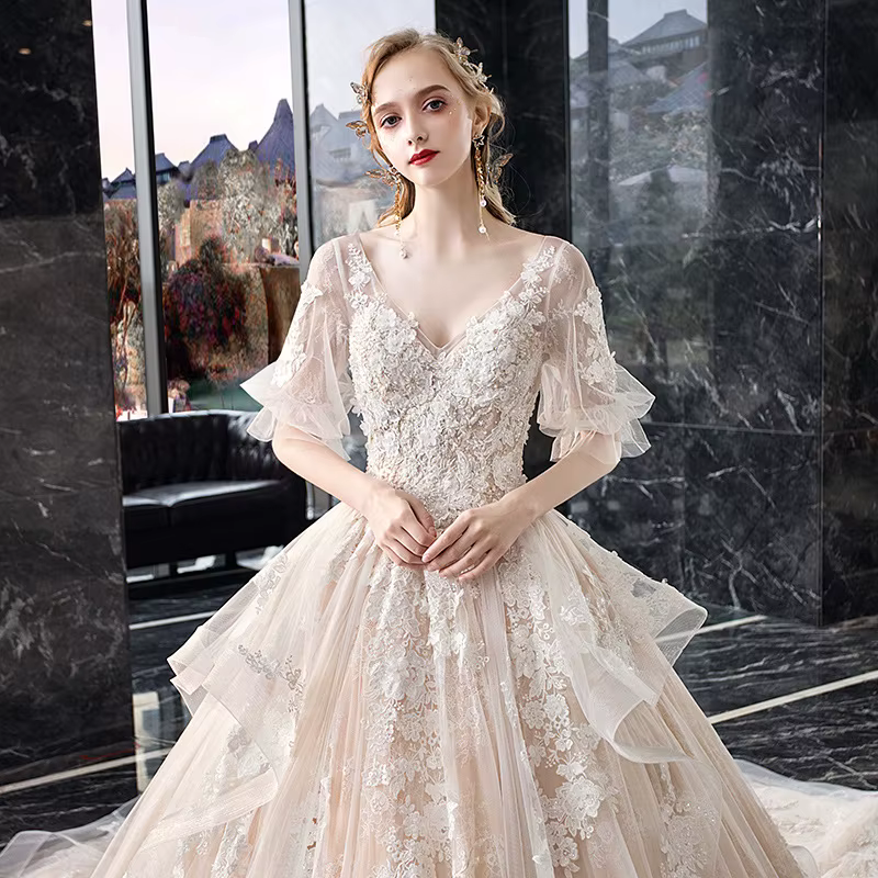 Robe de mariée à col en v, tempérament de mariée, industrie lourde, série forêt de luxe, rêve Super 