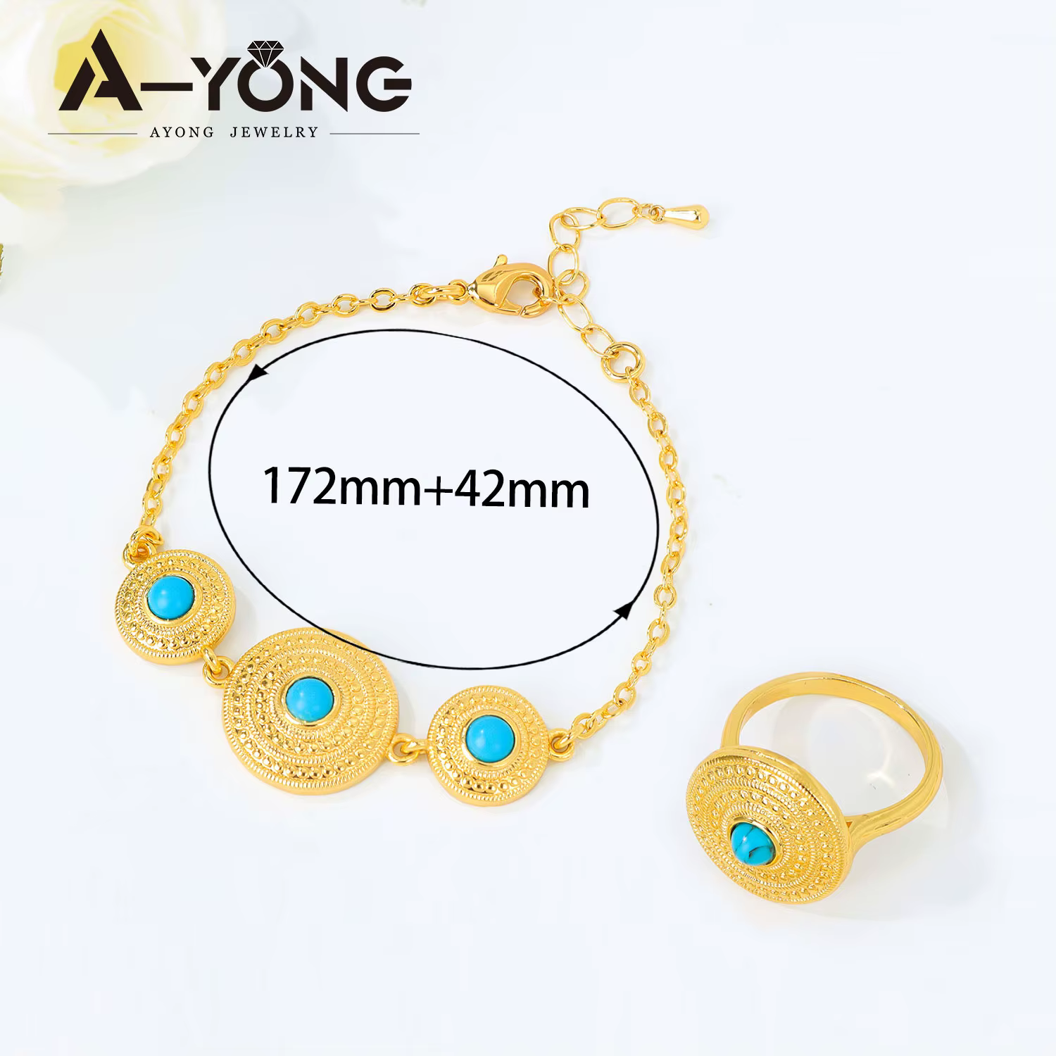 Ensemble de bijoux Turquoise plaqué or 24 carats, collier de mariée éthiopien, Bracelet, boucles d'o