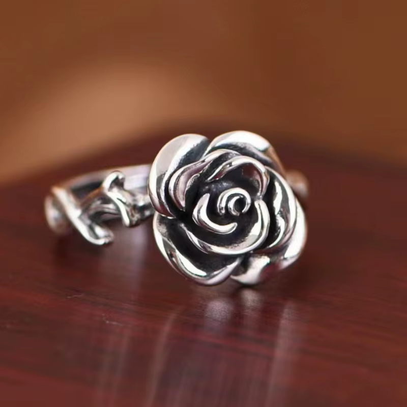 Mode dame S925 bague réglable Vintage Relief Rose fleur bague femmes bijoux cadeau pour petite amie