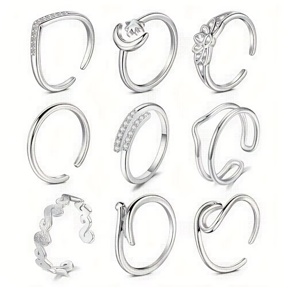 9 pièces bagues d'orteil réglables pour femmes, Style fleur de lune, ensemble de bagues d'orteil ouv