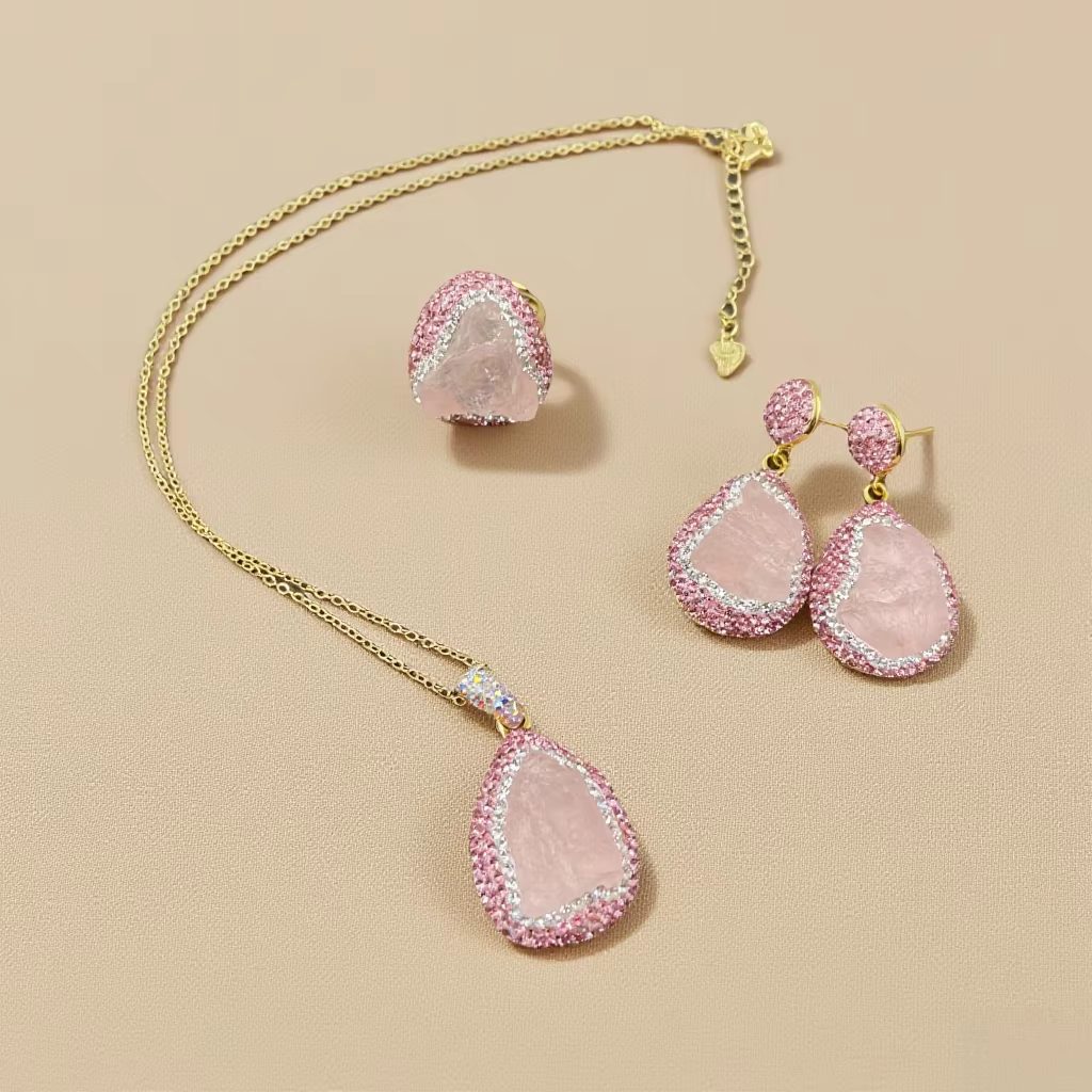 Ensemble de bijoux en cristal de guérison, collier et boucles d'oreilles en cristal rose naturel bru