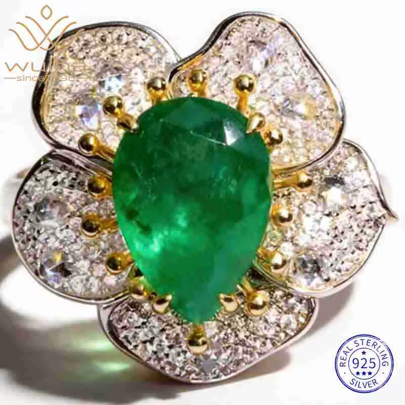 WUIHA Bague Fleur Cocktail en Argent Sterling 925 avec Saphir de Laboratoire Taille Poire 6 CT, Émer