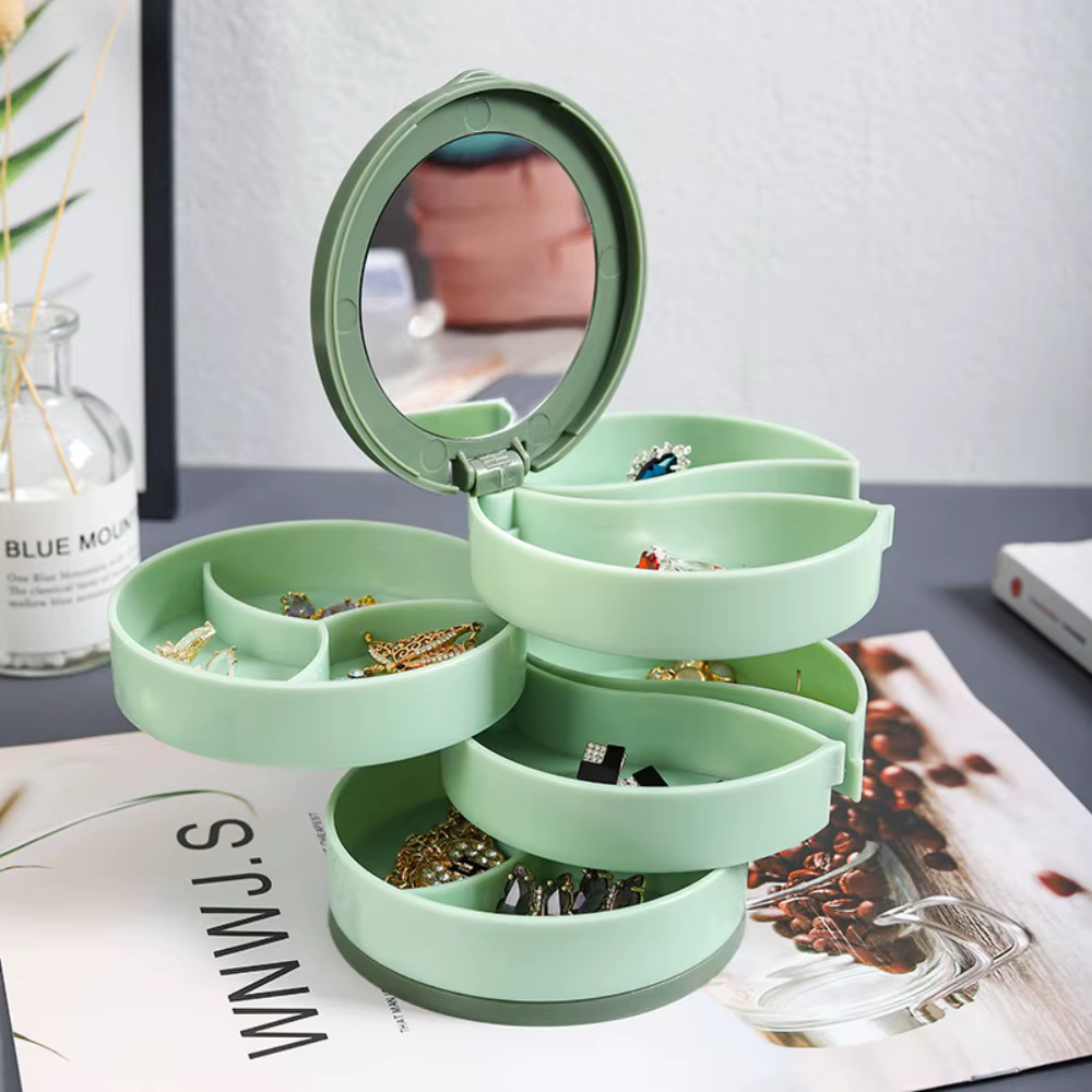 Présentoir à bijoux multicouche avec couvercle, plateau rotatif en plastique avec miroir, boîte anti
