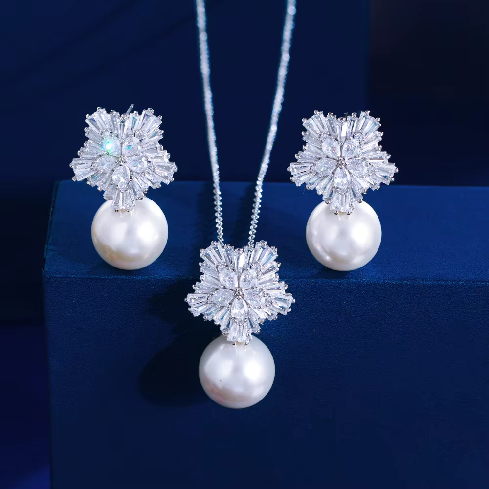 ThreeGraces brillant zircone simulé perle grand flocon de neige forme mariée mariage boucles d'oreil