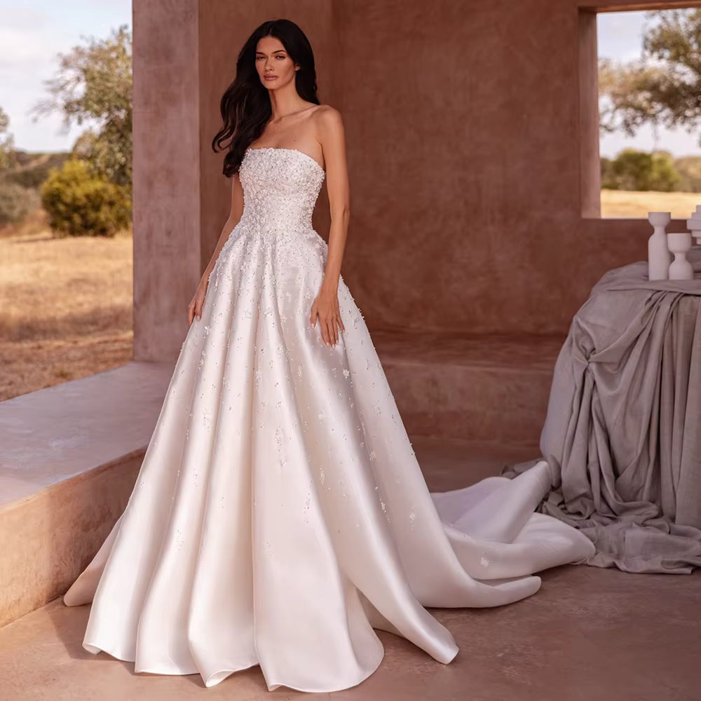 Robe De mariée élégante en Satin, sans bretelles, ligne a, sans manches, fleurs délicates faites à l