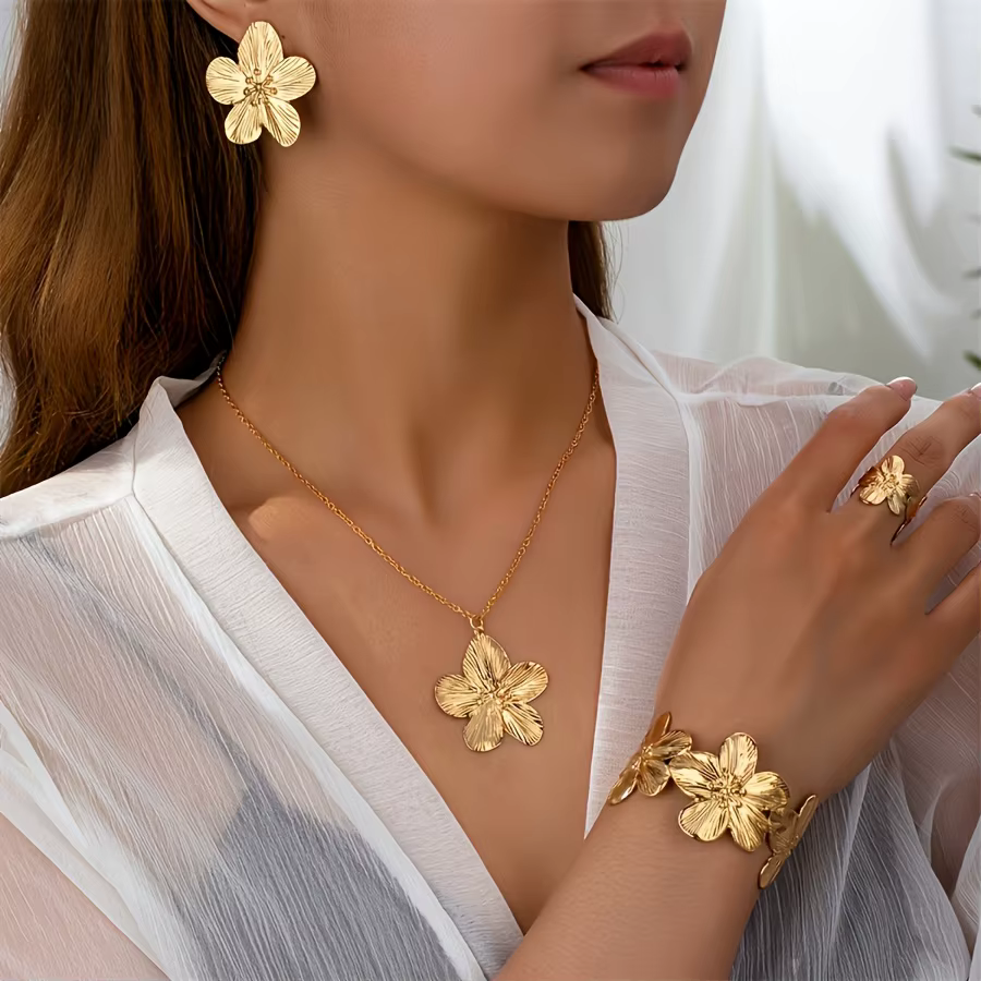 Ensemble de bijoux floraux élégants de ton doré, 5 pièces, style vintage, comprend collier, bracelet