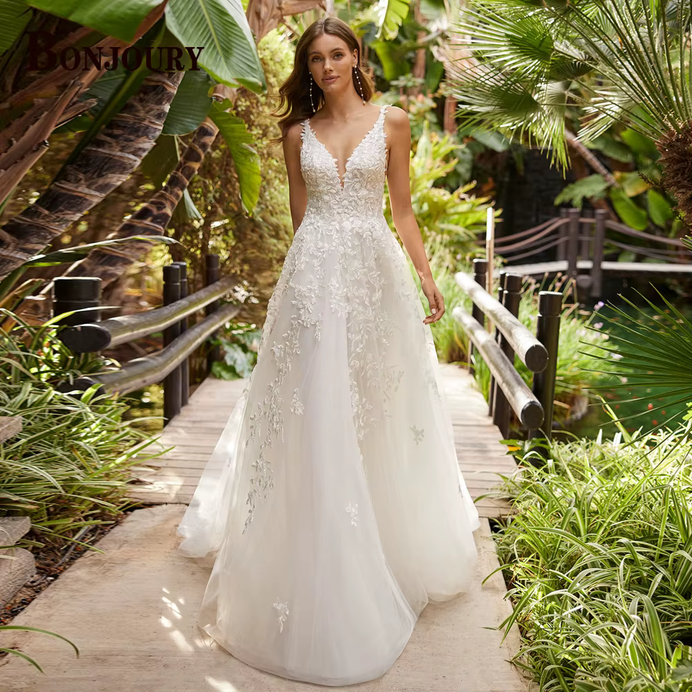 BONJOURY robe de mariée luxueuse pour mariée bretelles Spaghetti bouton a-ligne Appliques fiançaille