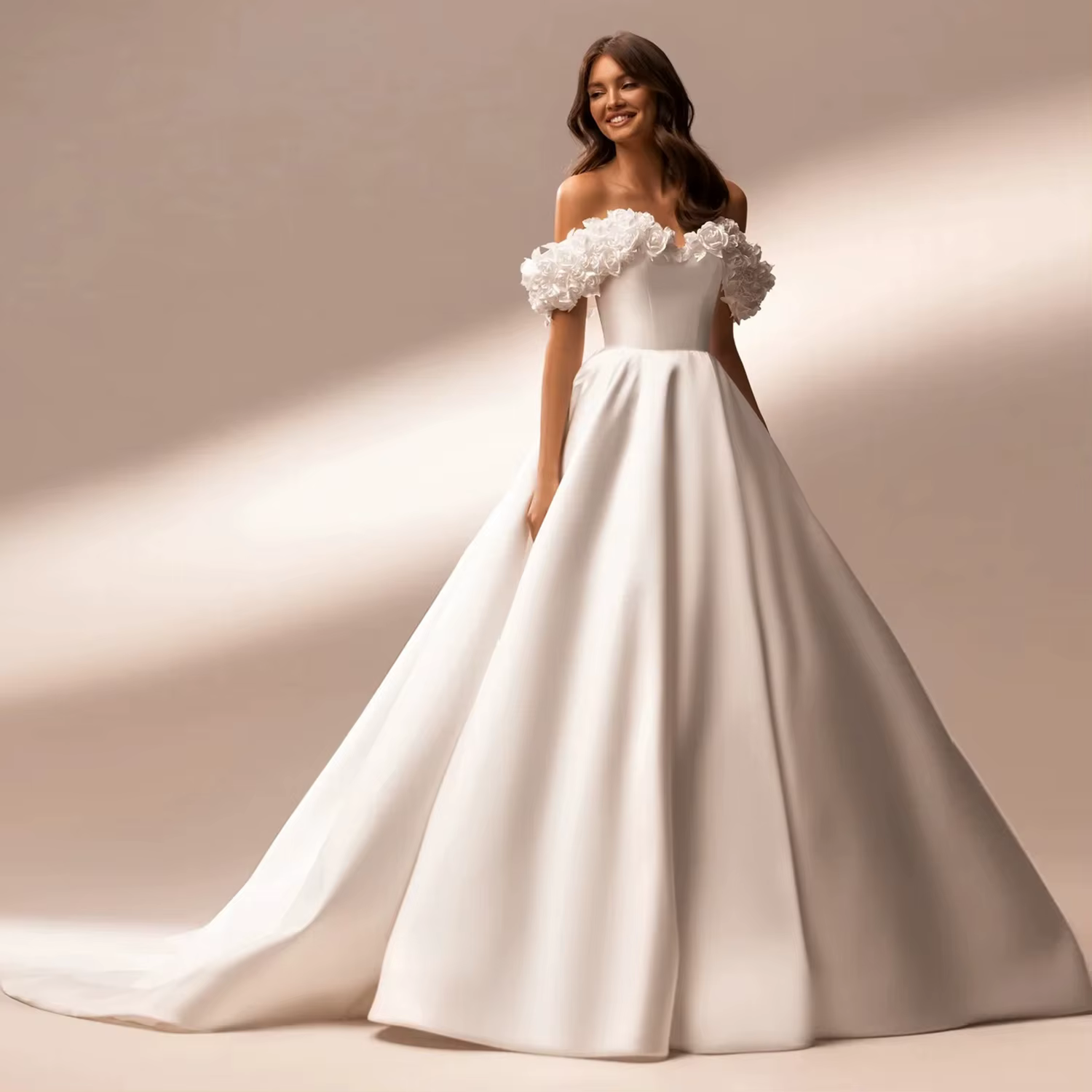 Robe de Mariage Simple en Satin avec Fleurs Faites à la Main, Col Cœur, Style Moderne, Épaules Dénud