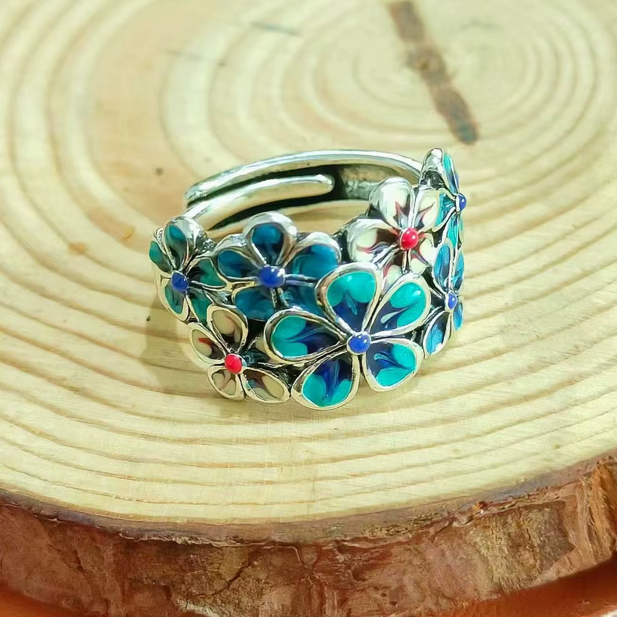 Bagues florales en émail bleu, bague réglable vintage bohème pour femme, bijoux ethniques pour le do