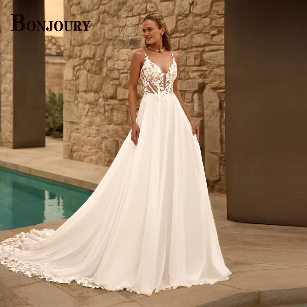 BONJOURY robes De mariée classiques pour Mariages bretelles Spaghetti a-ligne dos nu Appliques en mo