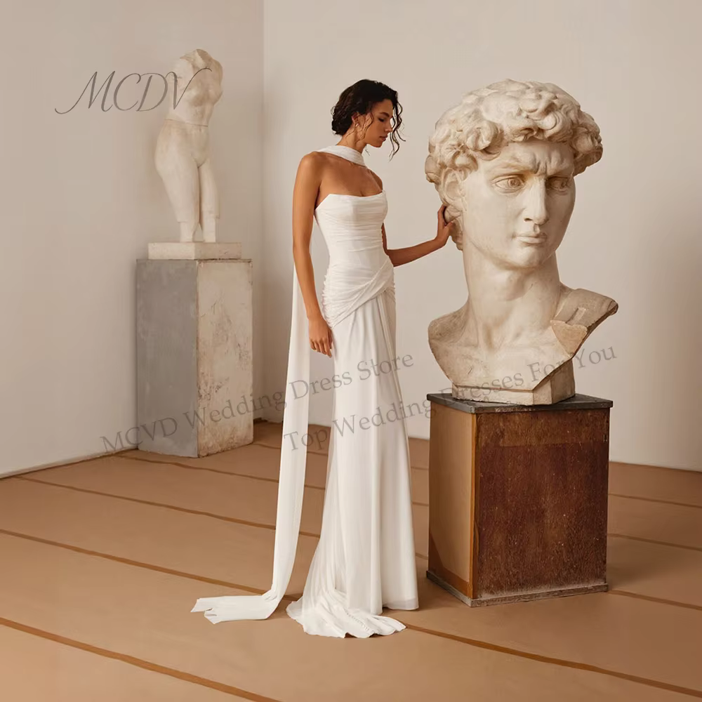 Robes de mariée civiles en mousseline de soie, style sirène, sans manches, plissées, avec cape détac