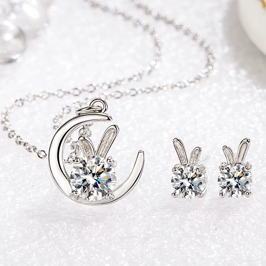 ANENJERY-Ensemble de bijoux avec pendentif en forme de lune et de lapin pour femme, collier et boucl