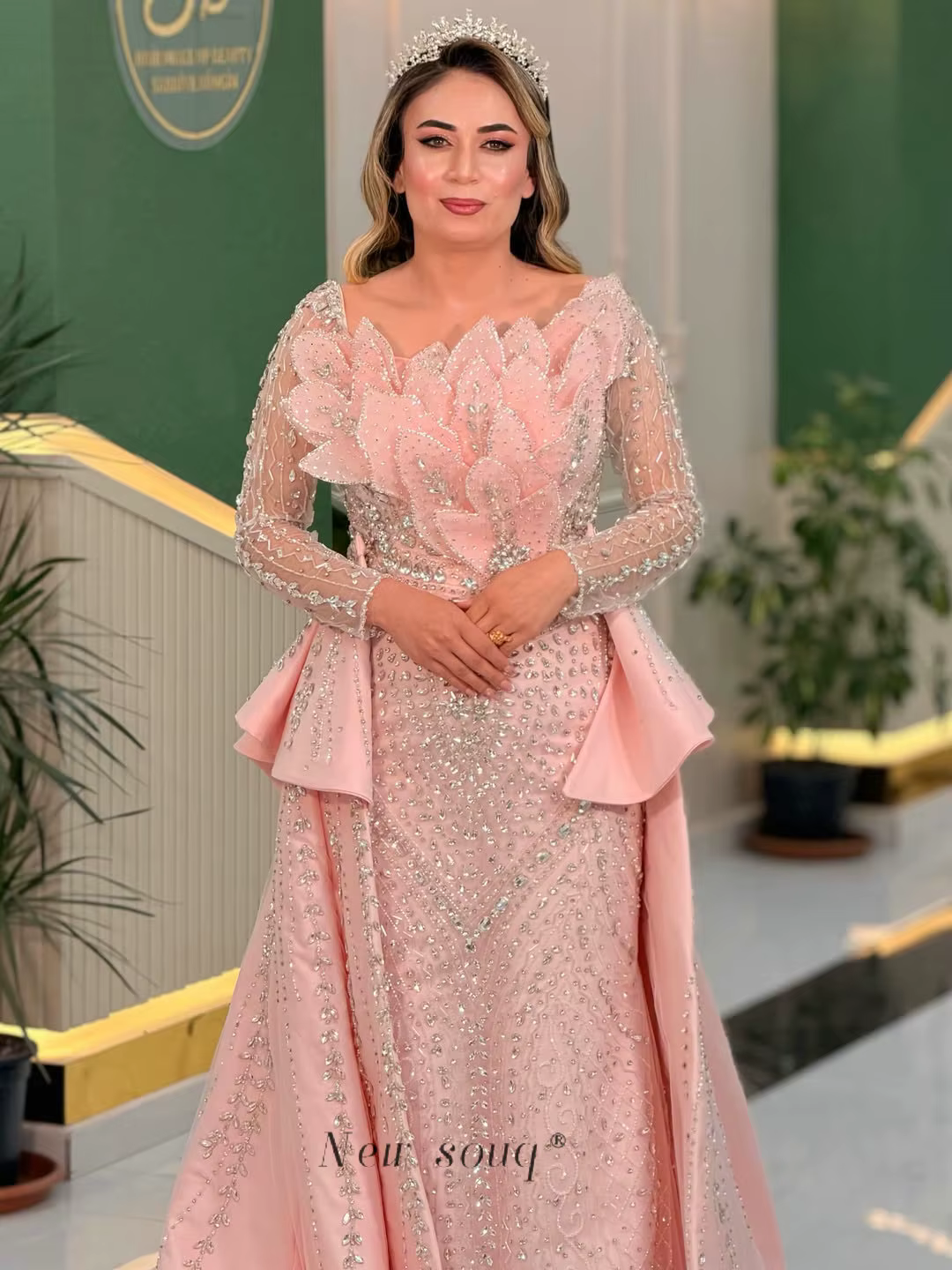 Robes de soirée de mariage roses en deux pièces, robes de soirée formelles luxueuses avec cristaux d