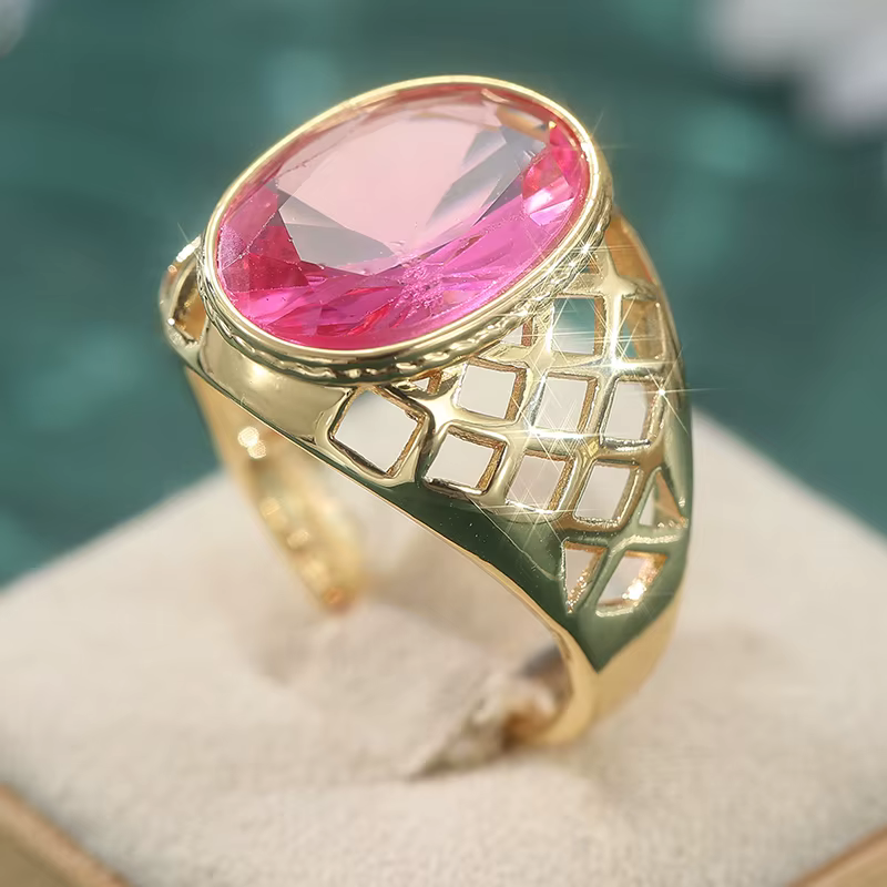 Bague classique scintillante incrustée de zircone synthétique rose, plaquée or, pour femme, accessoi