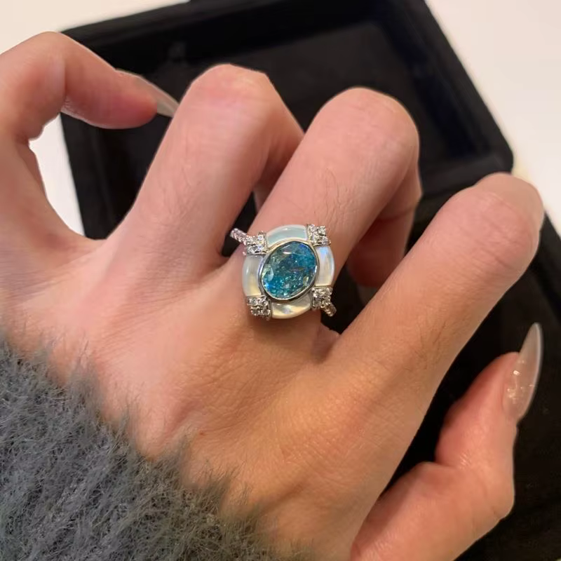 Bague de Luxe en Pierre Précieuse, Aigue-marine Bleue, Ovale, Blanc, Fritillaria, Vintage, Style Pal
