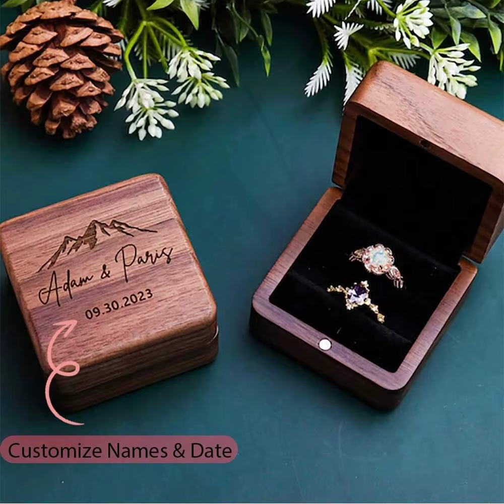Support de boîte à bagues en bois personnalisé, cérémonie de mariage rustique, proposition de fiança