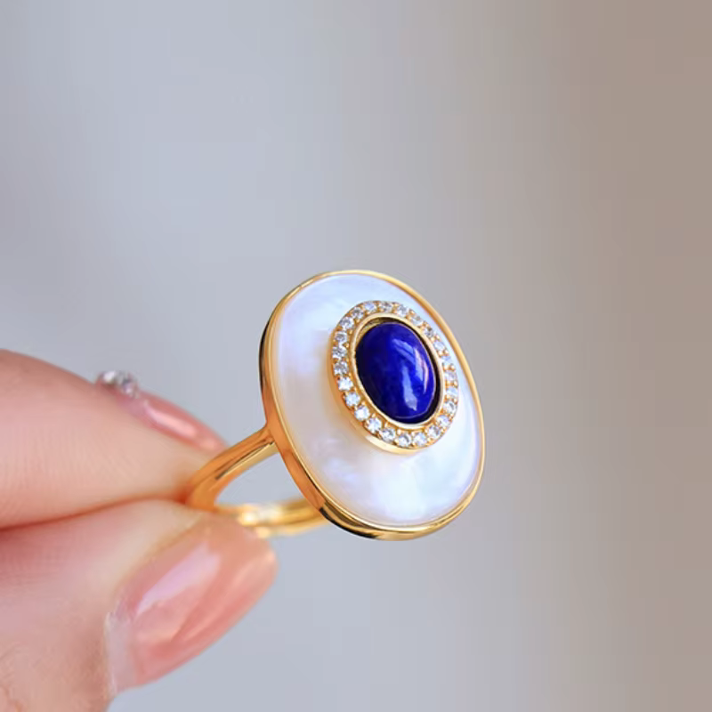 Bague de fiançailles Vintage lapis lazuli, anneaux ovales fritillaria blancs réglables pour femmes, 
