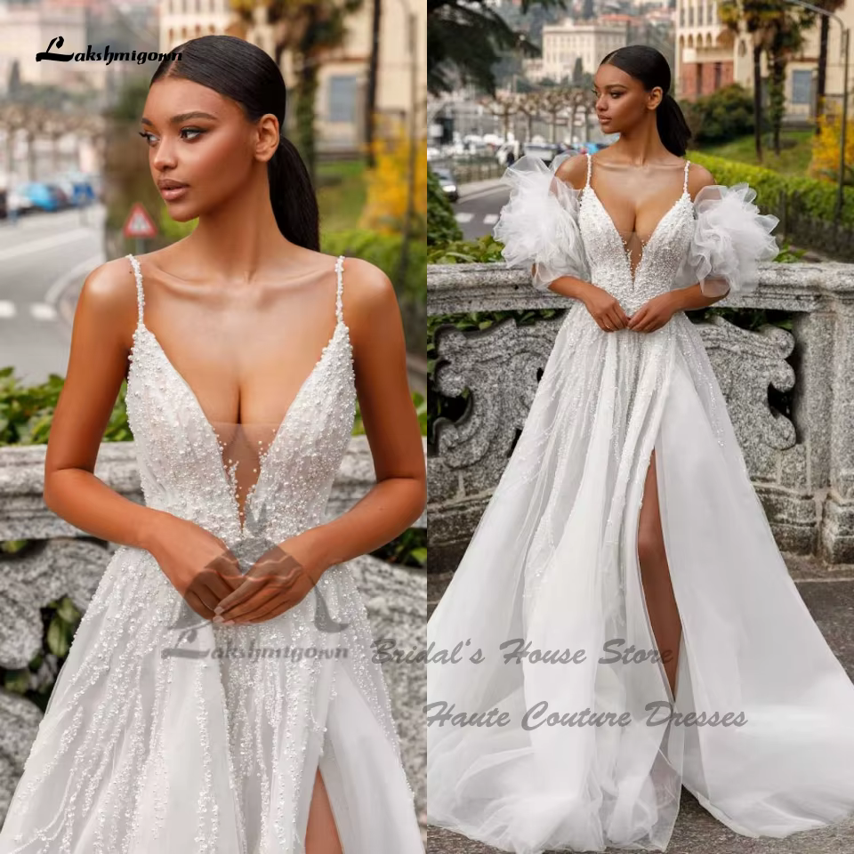 Lakshmigown luxe perles plage robes de mariée dos nu 2025 robes arabe Boho robes de mariée manches b