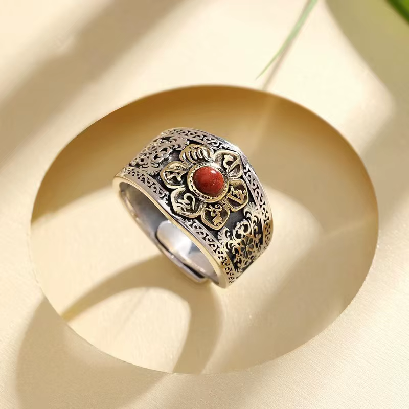 Buyee 925 bague en argent Sterling femme cornaline naturelle bague ouverte pour les femmes mode ethn