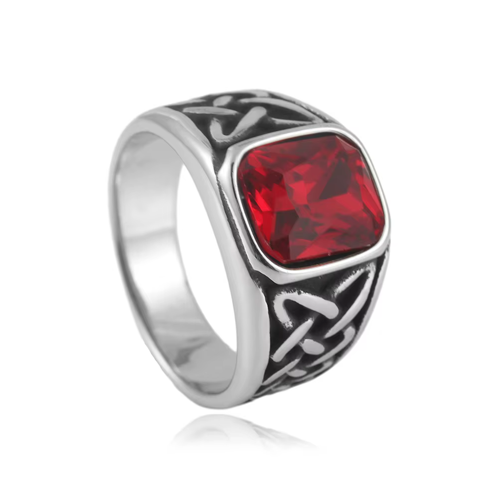 Punk Vintage carré rouge pierre chevalière anneaux pour hommes femmes en acier inoxydable nordique V