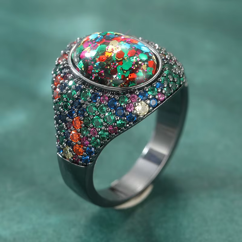 Bague de mode pour femme, plaquée argent, entièrement pavée de zircone synthétique multicolore étinc