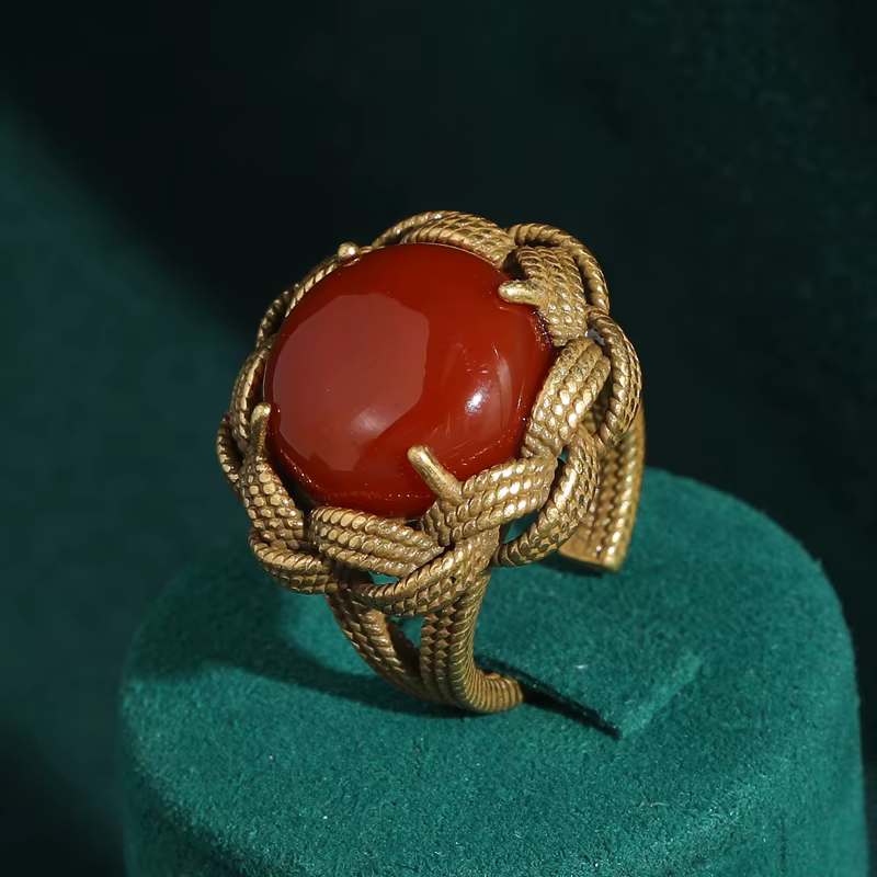 Bagues Vintage en pierre d'agate rouge pour femmes, couleur or, rondes, tissage Antique naturel, acc