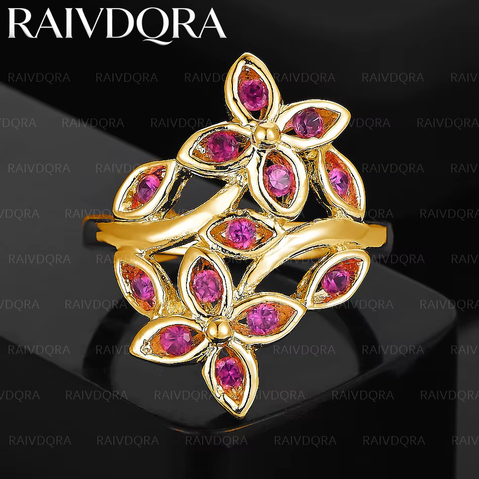 Bague en forme de fleur en Zircons rouges plaqués or 18 carats pour femmes et hommes, bijoux à la mo