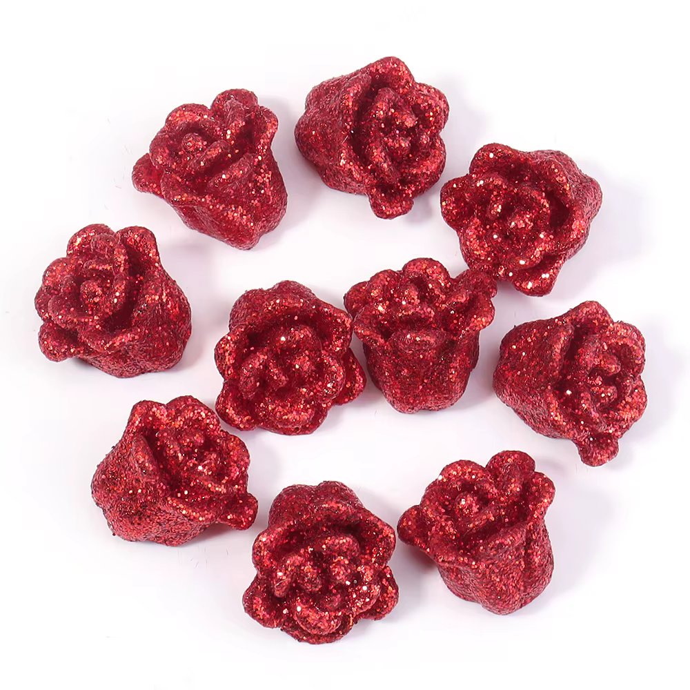 Perles en résine en forme de fleur, dos plat, floquées, roses artificielles rouges, pour la fabricat