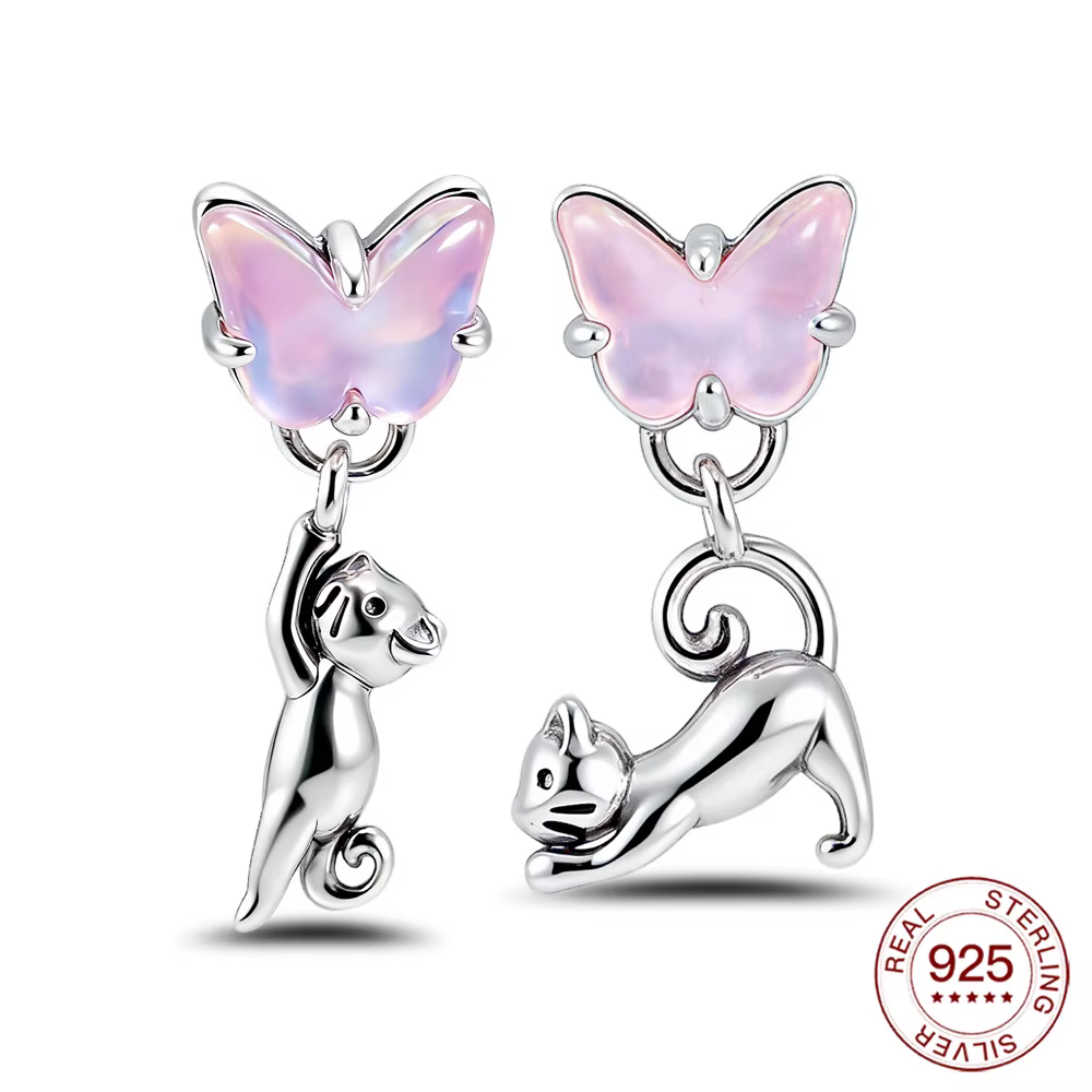 Boucles d'oreilles asymétriques chat et papillon en argent Sterling 925, opale rose, design papillon