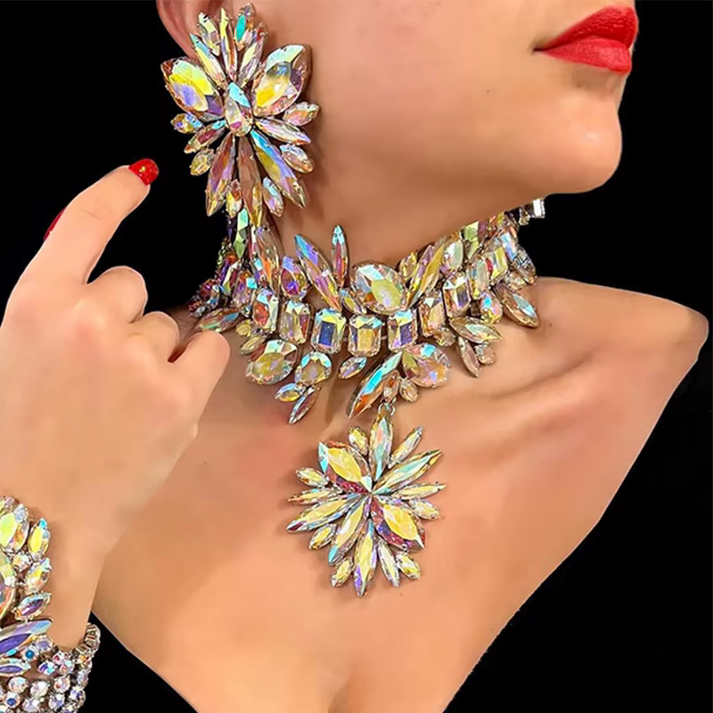 Ensemble collier, boucles d'oreilles et Bracelets en strass, accessoires Drag Queen, ensemble de bij