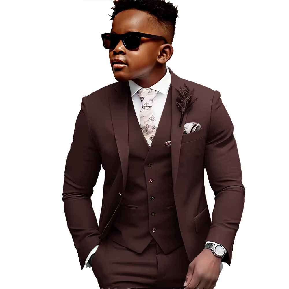 Costume de smoking élégant vert sauge pour garçon, 3 pièces, coupe cintrée, veste à revers + gilet +