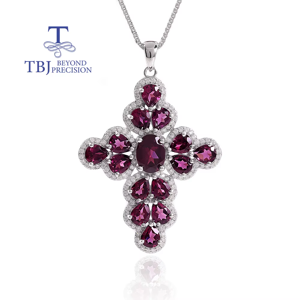 TBJ, grand pendentif croix, collier en argent sterling 925, agate naturelle/Rhodolite, grenat, pierr