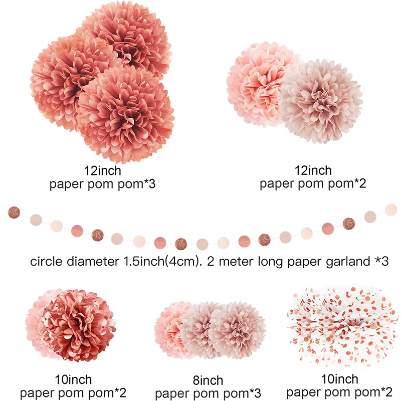Ensemble de pompons en papier rose poussiéreux, rose clair et or rose, décorations de fête élégantes
