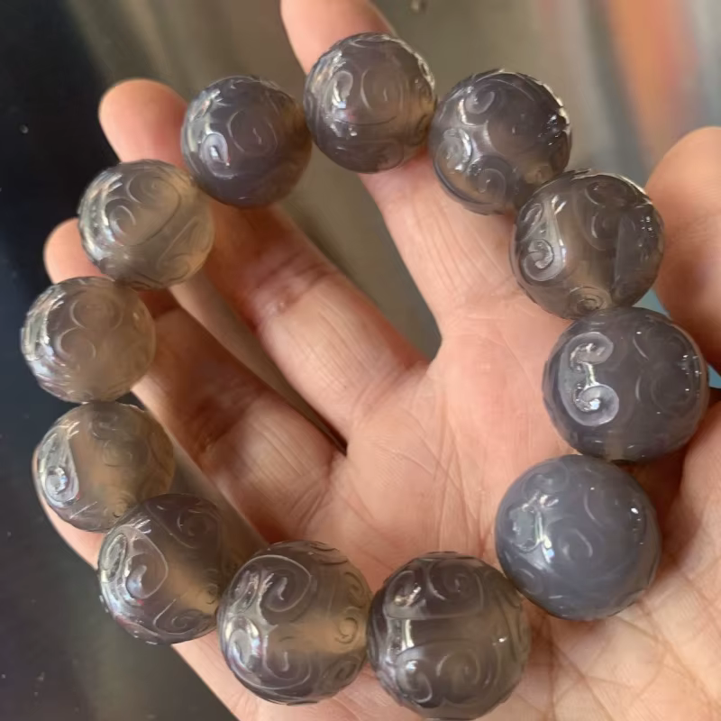 Bracelet de perles rondes en agate grise gravée à motif de papier, mode classique pour hommes et fem