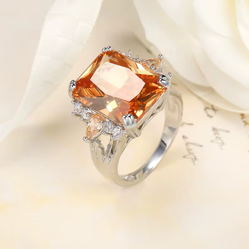 Classique grand Champagne CZ bague en pierre grand unique Orange cristal CZ coupe luxe Plata couleur