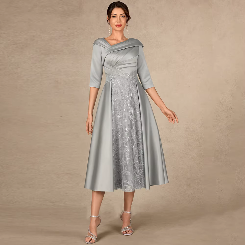 Robes de soirée argentées pour mère de la mariée, robes de fête de mariage à demi-manches pour femme